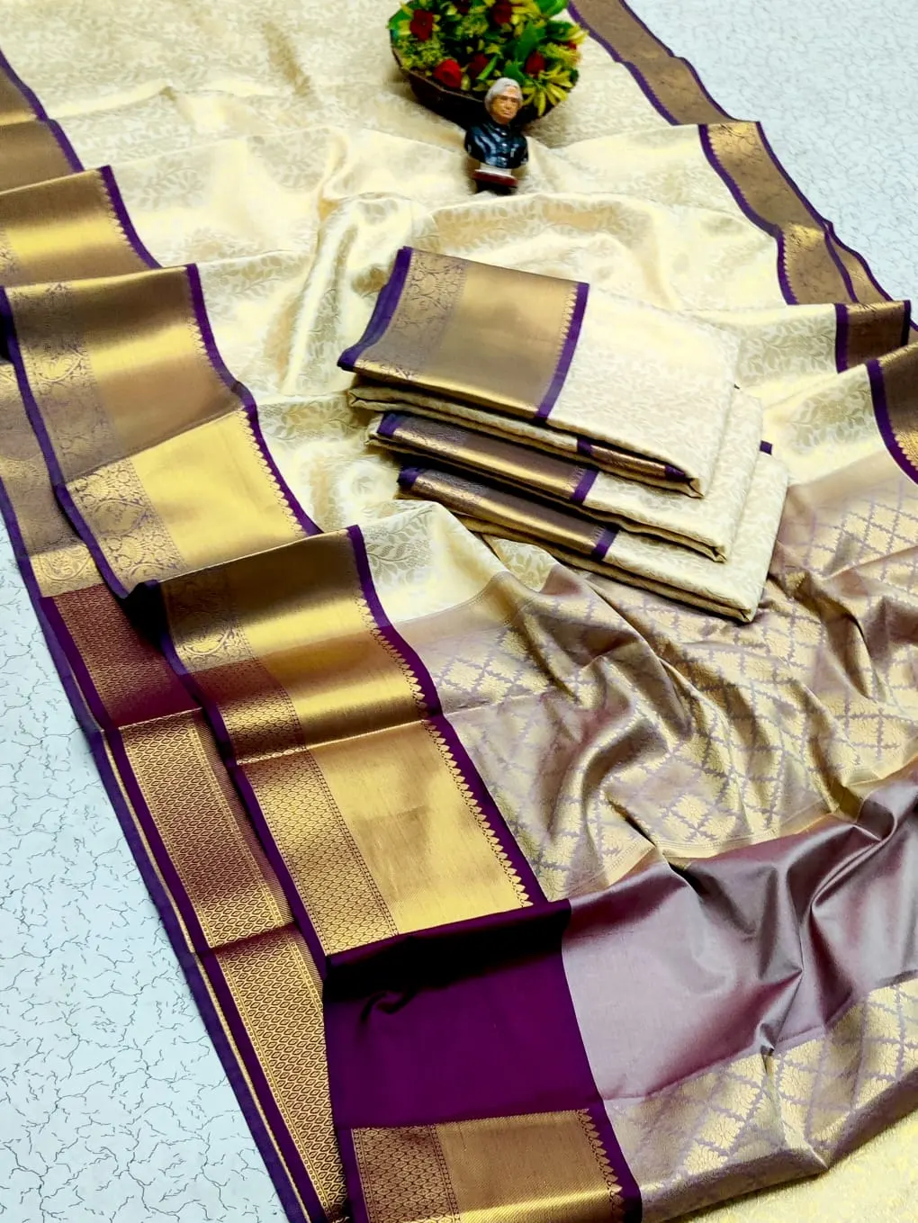 Cream Gold with Crimson Red Banarasi Tissue Soft Saree